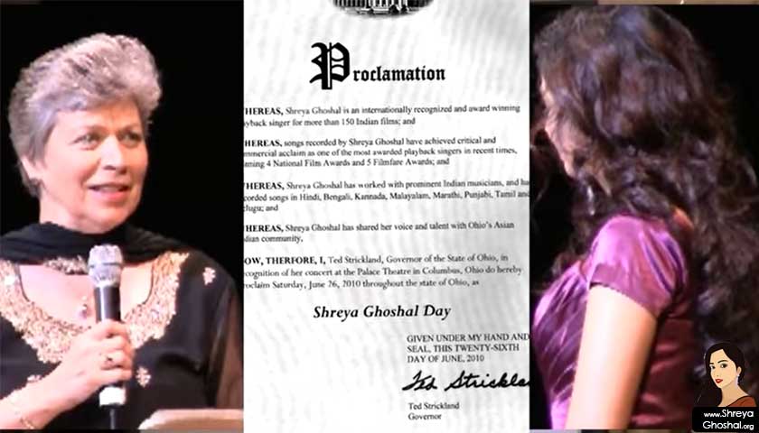 June 26 declared as Shreya Ghoshal day in Ohio